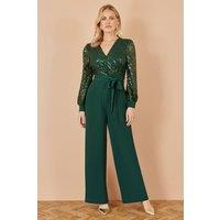 Yumi Women's Green Sequin Wrap Over Jumpsuit | Size: 10