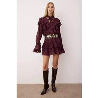 HOXTON GAL Women's Bohemian Long Sleeve Mini Dress with Layered Ruffles in Burgundy | Size: Medium