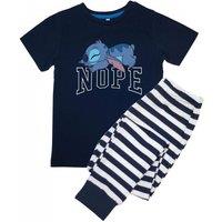 Lilo & Stitch Boy's Pose Striped Short-Sleeved Long Pyjama Set in Navy | Size: 7-8 Years