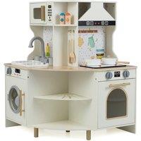 Costway Kids Play Kitchen Wooden Pretend Playset Role Play w/ Microwave Oven in Beige