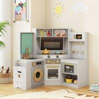 Costway Kids Corner Kitchen Playset Wooden Pretend Play Kitchen w/Microwave in Grey