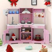 Costway Kids Pretend Play Kitchen Wooden Toy Set w/Range Hood in Pink