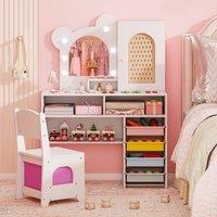 Costway Kids Dressing Table & Chair Set Vanity Set w/ 5 Drawers & Lights in White