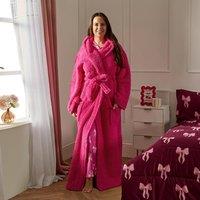 OHS Women's Teddy Fleece Floor Length Dressing Gown Loungewear Hooded Bathrobe in Bright Pink