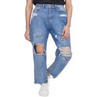 Smart Living Women's Casual Style High-Waisted Torn Hem Rip Mom Jeans in Mid Blue | Size: 16