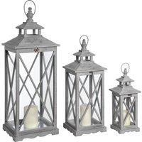 Love Lace Set Of Three Wooden Lanterns With Traditional Cross Section in Grey