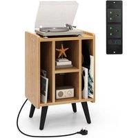 Gymax Record Player Stand Turntable With 4 Open Shelves & Charging Port in Light Khaki