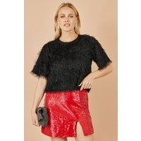 Yumi Women's Black Fringe Relaxed Fit Top | Size: 12