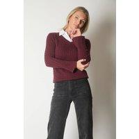SOLO Women's Cable Knit V-Neck Sweater with Layered Collar Detail in Wine | Size: 12