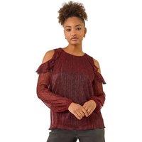 Roman Women's Shimmer Plisse Cold Shoulder Top in Red | Size: 18