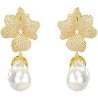 Latelita Women's Baroque Pearl White Flower Earrings Yellow Gold