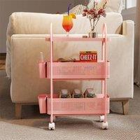 Levede 3 Tier Narrow Kitchen Trolley Cart with Pull-Out Basket Storage Bin in Pink
