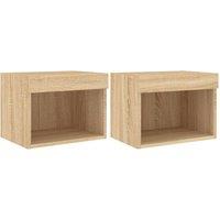 Berkfield Home Bedside Cabinets with LED Lights Wall-mounted 2 pcs Sonoma Oak in Brown