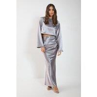 NastyGal Women's Satin Ruched Maxi Skirt Co-ord in Silver | Size: 8