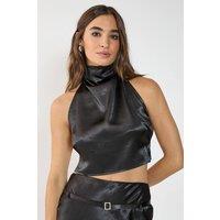 NastyGal Women's Satin High Neck Strappy Back Crop Top Co-ord in Black | Size: 16