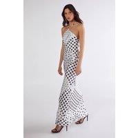 NastyGal Women's Satin Polka Dot Halter Neck Cowl Back Maxi Dress in Mono | Size: 8