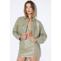 MissPap Women's Woven Detail Faux Leather Mini Skirt in Olive | Size: 8