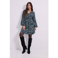 Dorothy Perkins Women's Petite V Neck Smock Blouson Sleeve Printed Mini Dress in Blue | Size: 6