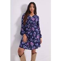 Dorothy Perkins Women's Petite V Neck Smock Blouson Sleeve Printed Mini Dress in Floral | Size: 8