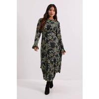 Dorothy Perkins Women's Petite Frill Sleeve Ruffle Detail Printed Midi Dress in Black | Size: 8