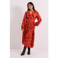 Dorothy Perkins Women's Petite Seam Detail Collared Blouson Sleeve Printed Midi Dress in Rust | Size: 8