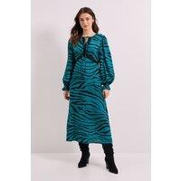 Dorothy Perkins Women's Teal Zebra Lace Detail Tie Neck Printed Midi Dress | Size: 10