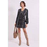 Dorothy Perkins Women's V Neck Smock Blouson Sleeve Printed Mini Dress in Black | Size: 12