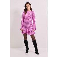 Dorothy Perkins Women's Purple Spot Ruffle Sleeve Frill Detail Printed Mini Dress | Size: 10