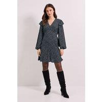 Dorothy Perkins Women's Frill Detail Blouson Sleeve Tie Back Tiered Printed Mini Dress in Black | Size: 10