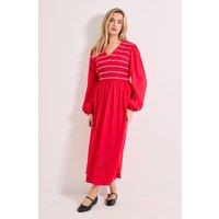 Dorothy Perkins Women's Contrast Stitching Shirred Bodice V Neck Midi Dress in Cherry | Size: 16
