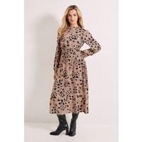 Dorothy Perkins Women's Shirred Dropped Waist Detail Printed Midi Dress in Brown | Size: 8