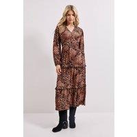 Dorothy Perkins Women's Button Through Blouson Sleeve Tiered Frill Midi Dress in Leopard | Size: 12