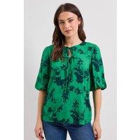 Dorothy Perkins Women's Tie Detail Puff Sleeve Printed Top in Green | Size: 10
