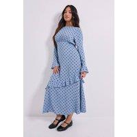 Dorothy Perkins Women's Petite Blue Spot Frill Sleeve Ruffle Detail Printed Midi Dress | Size: 8
