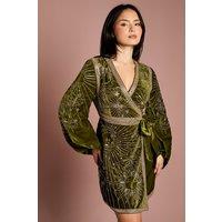 Coast Women's Petite Party Sequin Velvet Wrap Mini Dress in Olive | Size: 10