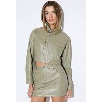 MissPap Women's Woven Detail Faux Leather Jacket in Olive | Size: 8