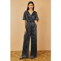 Yumi Women's Black Metallic Pleated Jumpsuit With V Neck | Size: 16
