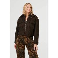 Izabel London Women's Collared Pocket Front Cropped Jacket in Brown | Size: Large