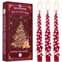 Deco Express Christmas Tree Candles Set of 3 Dinner Candles 7 Hr Burn Xmas Gift Set in Red