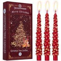 Deco Express Christmas Tree Candles Set of 3 Dinner Candles 7 Hr Burn Xmas Gift Set in Red