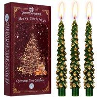 Deco Express Christmas Tree Candles Set of 3 Dinner Candles 7 Hr Burn Xmas Gift Set in Green