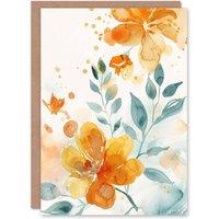 Artery8 Marigold Flowers in Bloom Modern Watercolour Birthday Art Card in Orange