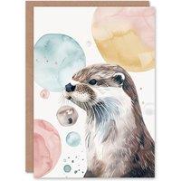 Artery8 Cute Otter Portrait Modern Watercolour Bubbles Birthday Art Card