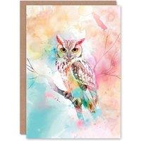 Artery8 Owl on Branch Portrait Pastel Rainbow Watercolour Birthday Art Card
