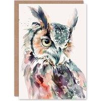 Artery8 Great Horned Owl Portrait Modern Watercolour Birthday Art Card