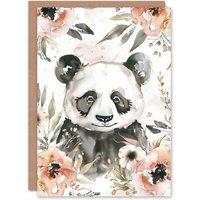 Artery8 Sweet Panda Watercolour Portrait Wildflowers Cute Birthday Art Card in Grey