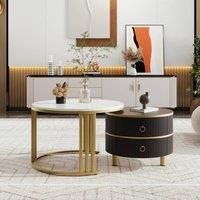 BTM 2-in-1 Round Coffee Table Set, Glossy & Marble Top with 2 Drawers in Black