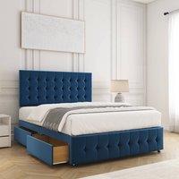 BSSPOKE Eva Divan Bed Plush Velvet 24Headboard & 2Drawers Same Side Mattress in Blue | Size: Double