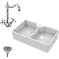 Balterley Fireclay 2 Bowl Stepped Weir Butler Sink Tap Ledge Tap Waste 895mm in White