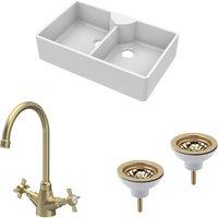 Balterley Fireclay 2 Bowl Butler Sink 2 x Wastes Mono Crosshead Tap 895mm in White